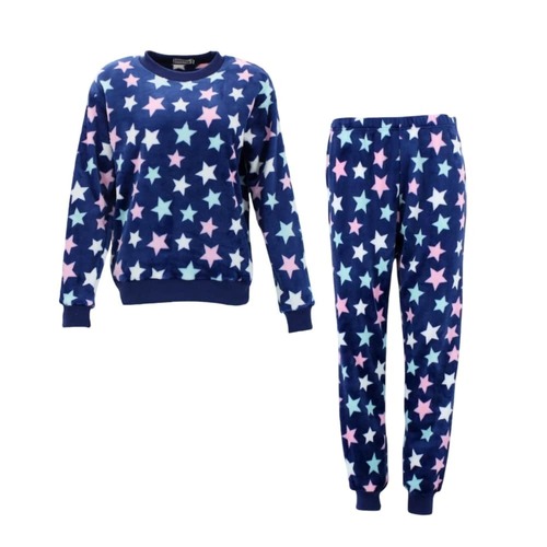 FIL Women's Plush 2pc Set Pyjama Loungewear Fleece - Stars/Navy [Size: 10]