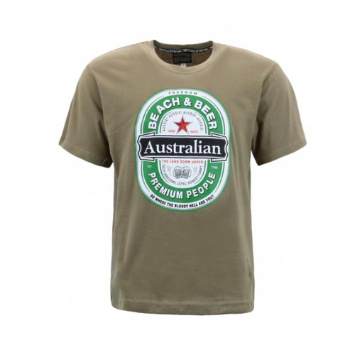 Adult T Shirt Australia Day Souvenir 100% Cotton - Beach & Beer/Tan [Size: S]