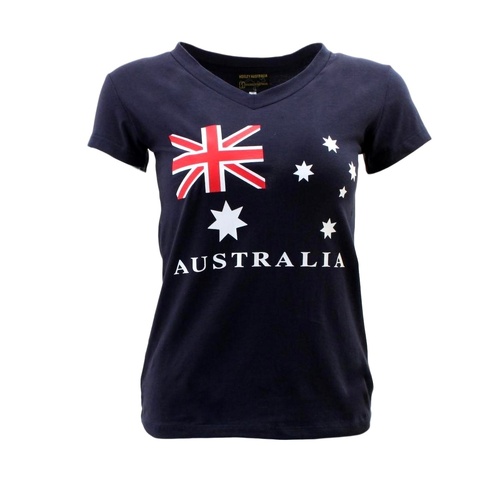 Womens Ladies Cotton T Shirt Australia Souvenir  V Neck - Flag Navy  [Size: S]