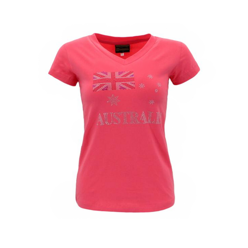 Womens Ladies T Shirt Australia Souvenir w Rhinestone Crystal - Flag/Coral [Size: L]