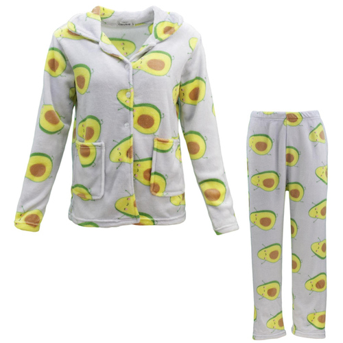 Womens Supersoft Pyjama Plush Fleece PJ Set/ Grey w Avocado (Button up) [Size: 10]