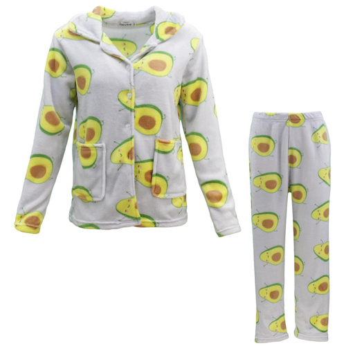 Womens Supersoft Pyjama Plush Fleece PJ Set/ Grey w Avocado (Button up) [Size: 8]