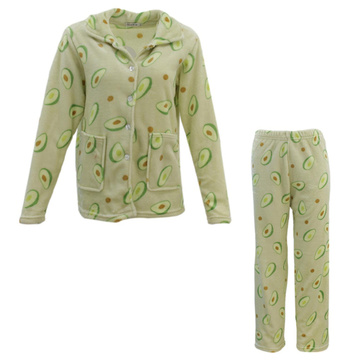Womens Supersoft Pyjama Plush Fleece PJ Set/ Yellow w Avocado (Button up) [Size: 8]