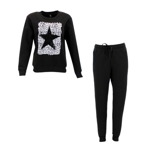 FIL Women's Fleece Tracksuit 2pc Set Loungewear - Star - Black [Size: 8]