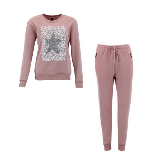FIL Women's Fleece Tracksuit 2pc Set Loungewear - Star - Dusty Pink [Size: 8]