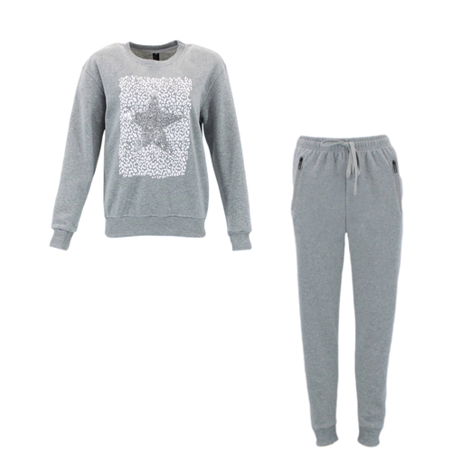 FIL Women's Fleece Tracksuit 2pc Set Loungewear - Star - Light Grey [Size: 8]