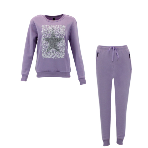 FIL Women's Fleece Tracksuit 2pc Set Loungewear - Star - Light Purple [Size: 8]