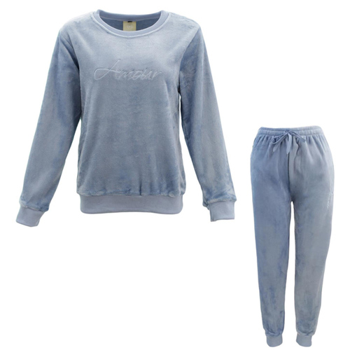 FIL Women's Plush Fleece 2pc Set Loungewear Pyjamas - Amour/Dusty Blue [Size: 8]