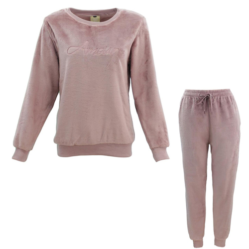 FIL Women's Plush Fleece 2pc Set Loungewear Pyjamas - Amour/Dusty Pink [Size: 8]