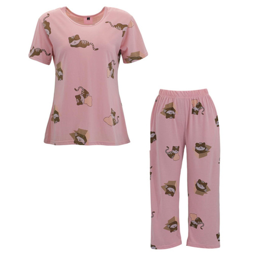 FIL Women's Short Sleeve 3/4 Pyjama Set - Kittens/Dusty Pink [Size: 8]