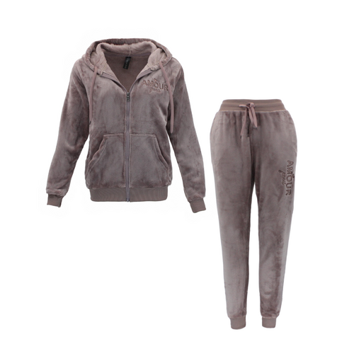 FIL Women's Velvet Fleece Zip Hoodie 2pc Set Loungewear - AMOUR/Rose Taupe [Size: 8]