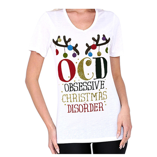 Women's Christmas T Shirts 100% Cotton Funny Novelty - OCD/White [Size: M]