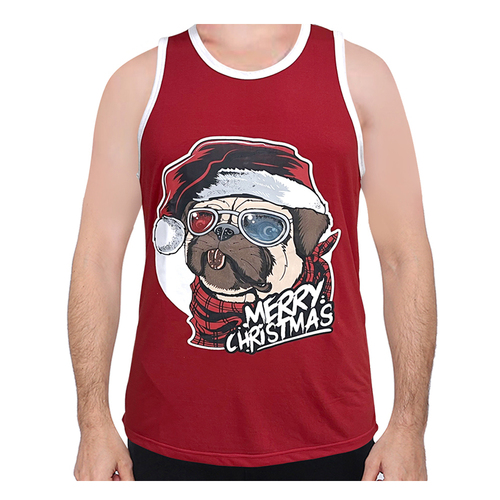 Men's Cotton Christmas Singlet - Christmas Pug/Red [Size: M]