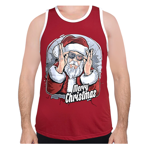 Men's Cotton Christmas Singlet - Santa w/ glasses/Red [Size: L]