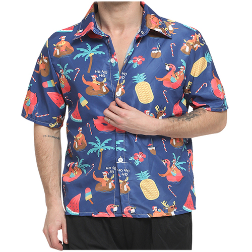 FIL Mens Christmas Holiday Hawaiian Shirt - Santa in Floaties/Blue [Size: L]
