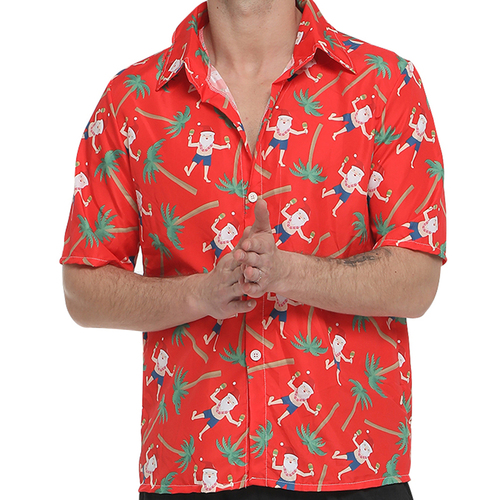 FIL Mens Christmas Holiday Hawaiian Shirt - Santa and Palm Trees/Red [Size: XL]